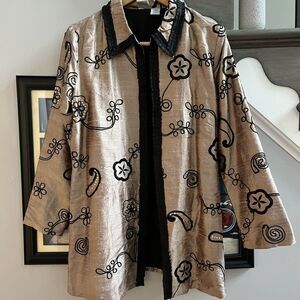 Bleu Bayou Tan & Black Silk Embroidered Jacket sz M EUC